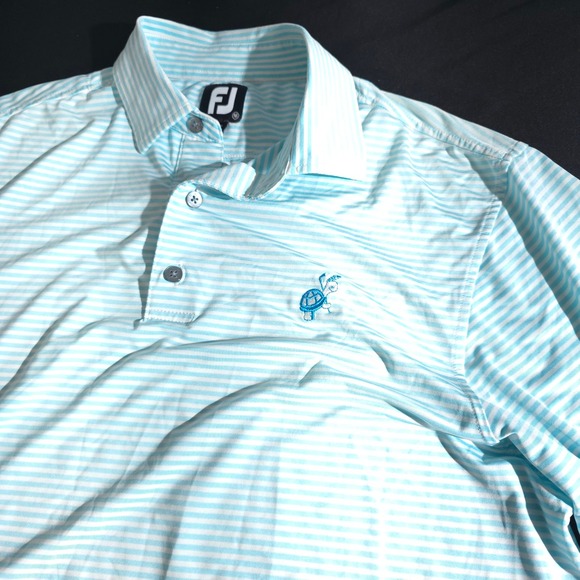 FootJoy Golf Polo Shirt Mens Medium Blue Striped Loxahatchee Club Turtle Logo - Picture 5 of 12